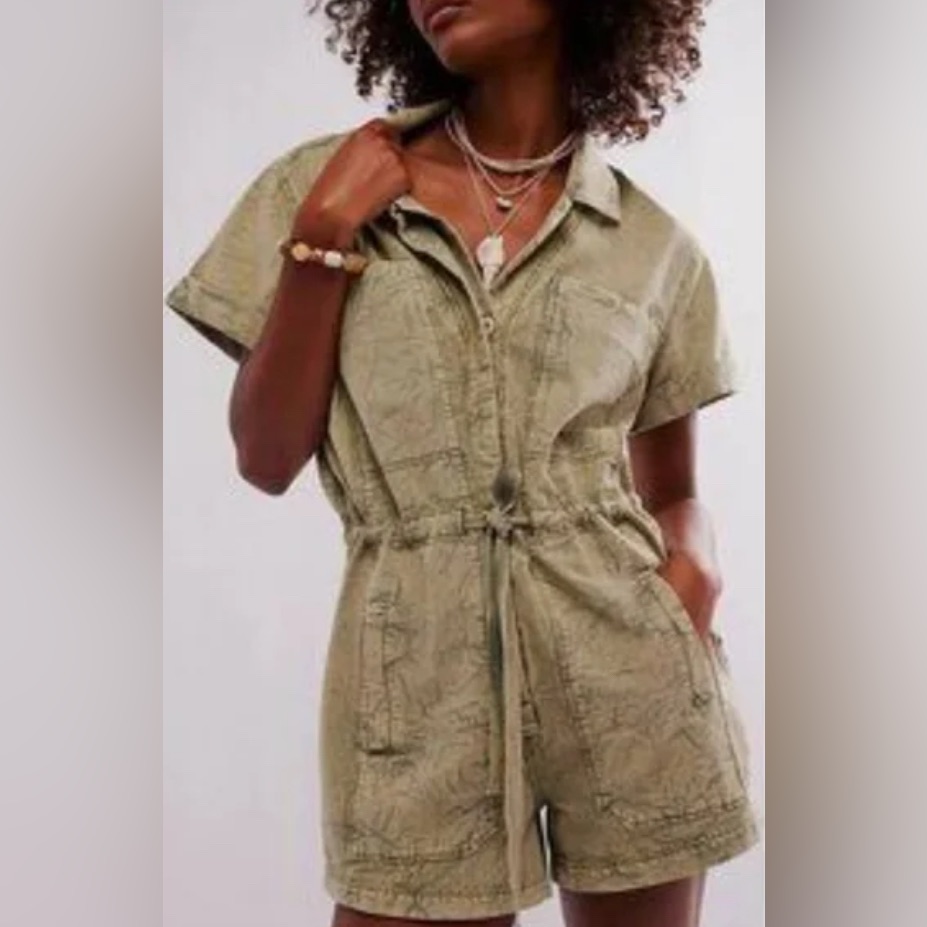 Free People Rhodes Olive Green Short-Sleeve Utility Romper L Euc